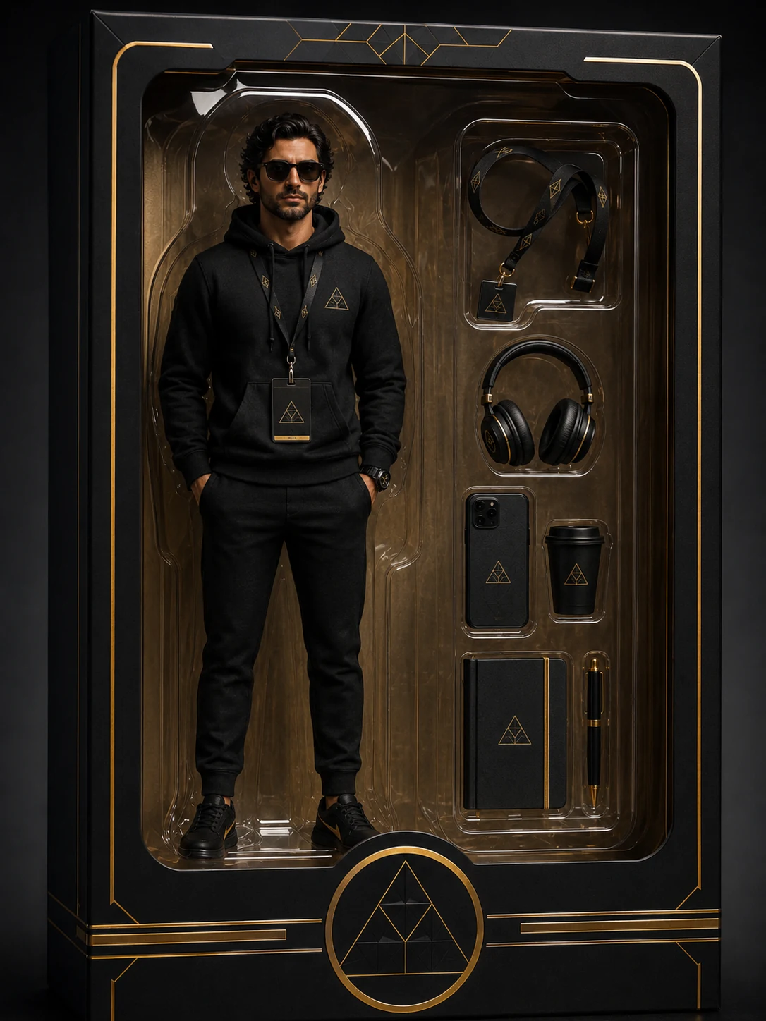 Luxury boxed collectible figure concept showing a branded hero character with black and gold accessories.