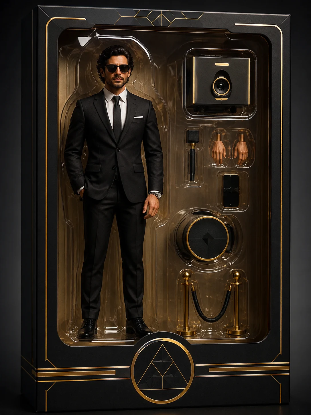 Luxury boxed collectible figure concept showing a suited VIP-style guest transformed by AI.