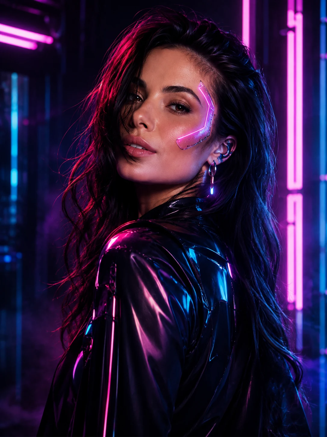 AI cyberpunk portrait example with neon futuristic styling.