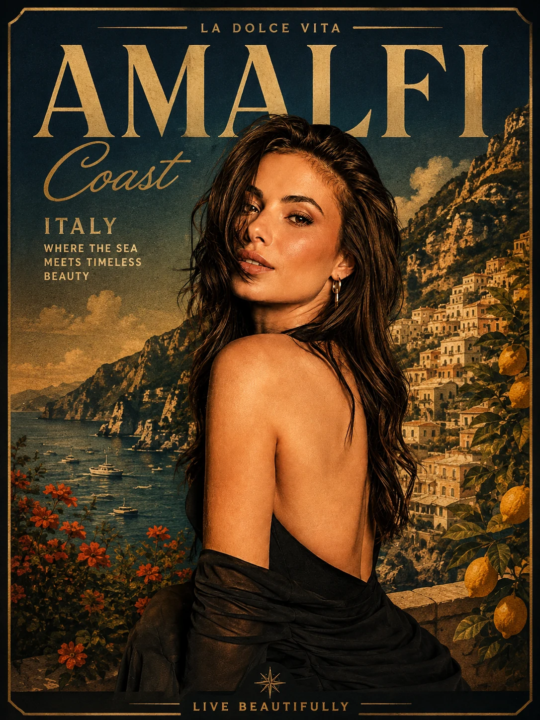 AI retro travel poster example built around an Amalfi Coast fantasy concept.